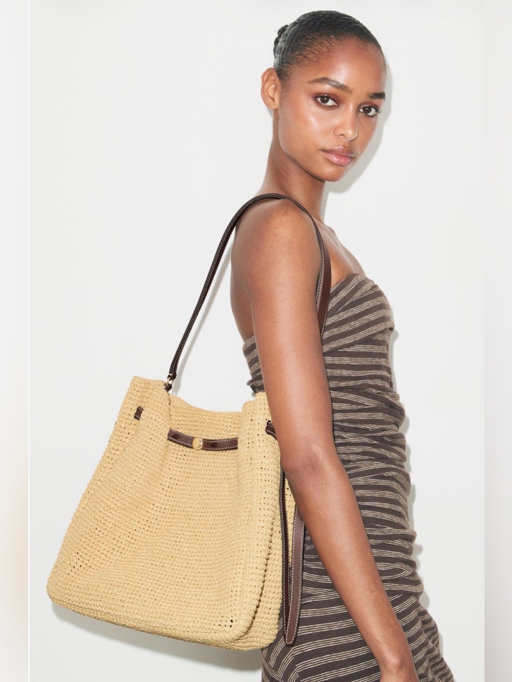 Tory Burch ROMY Woven Straw Leather Large Bucket Bag $495 Gorg!!